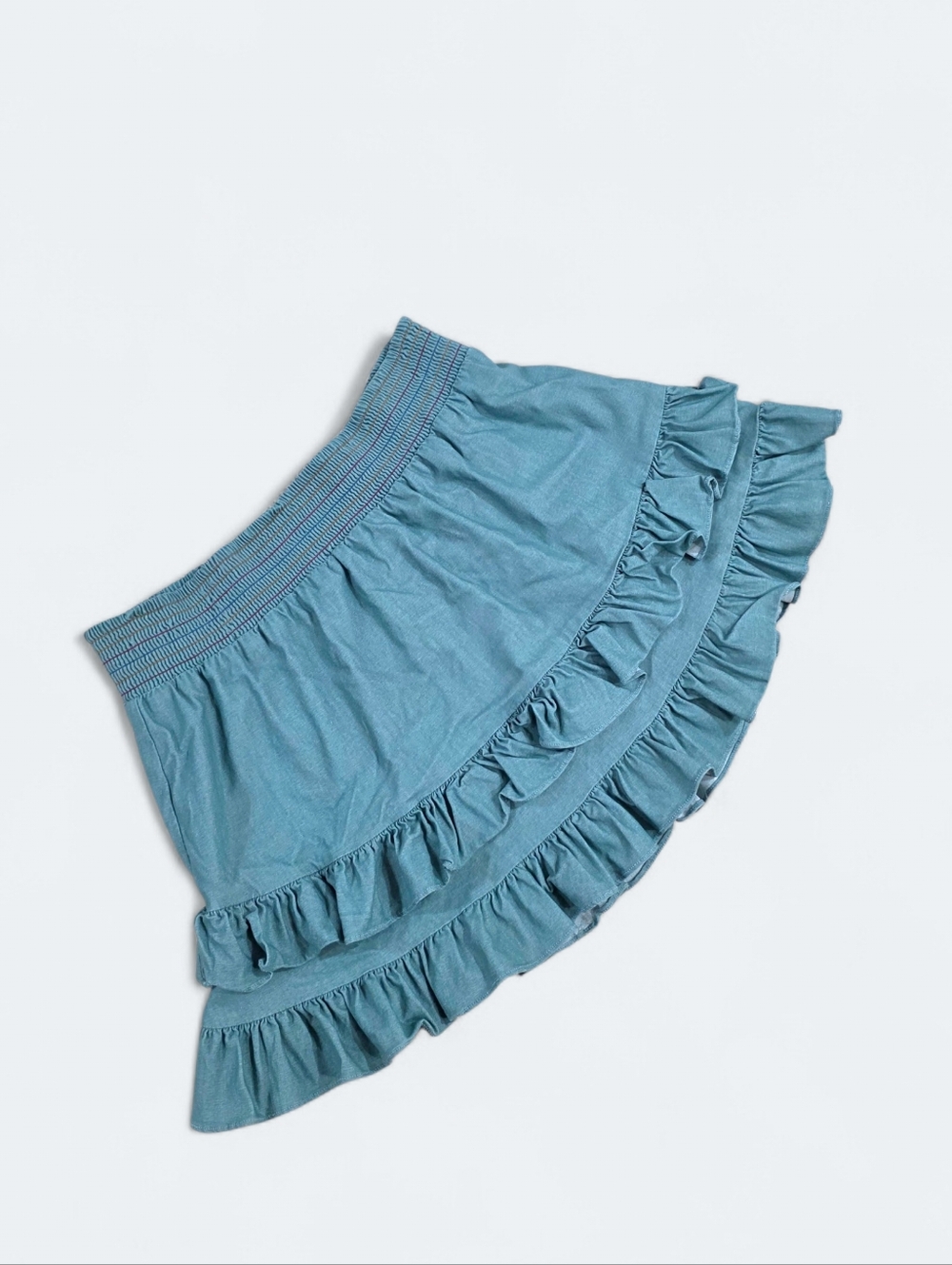 ee:some Light Blue Chambray Tiered Ruffle Mini Skirt - Smocked Waist Size Large